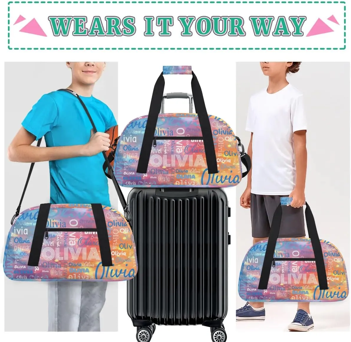 Custom Initial Sport Bags, Personalized Name Dance Gym Duffel Bags Personalized Gifts Custom Travel Weekender Bag Monogrammed, Purple Blue Gradient