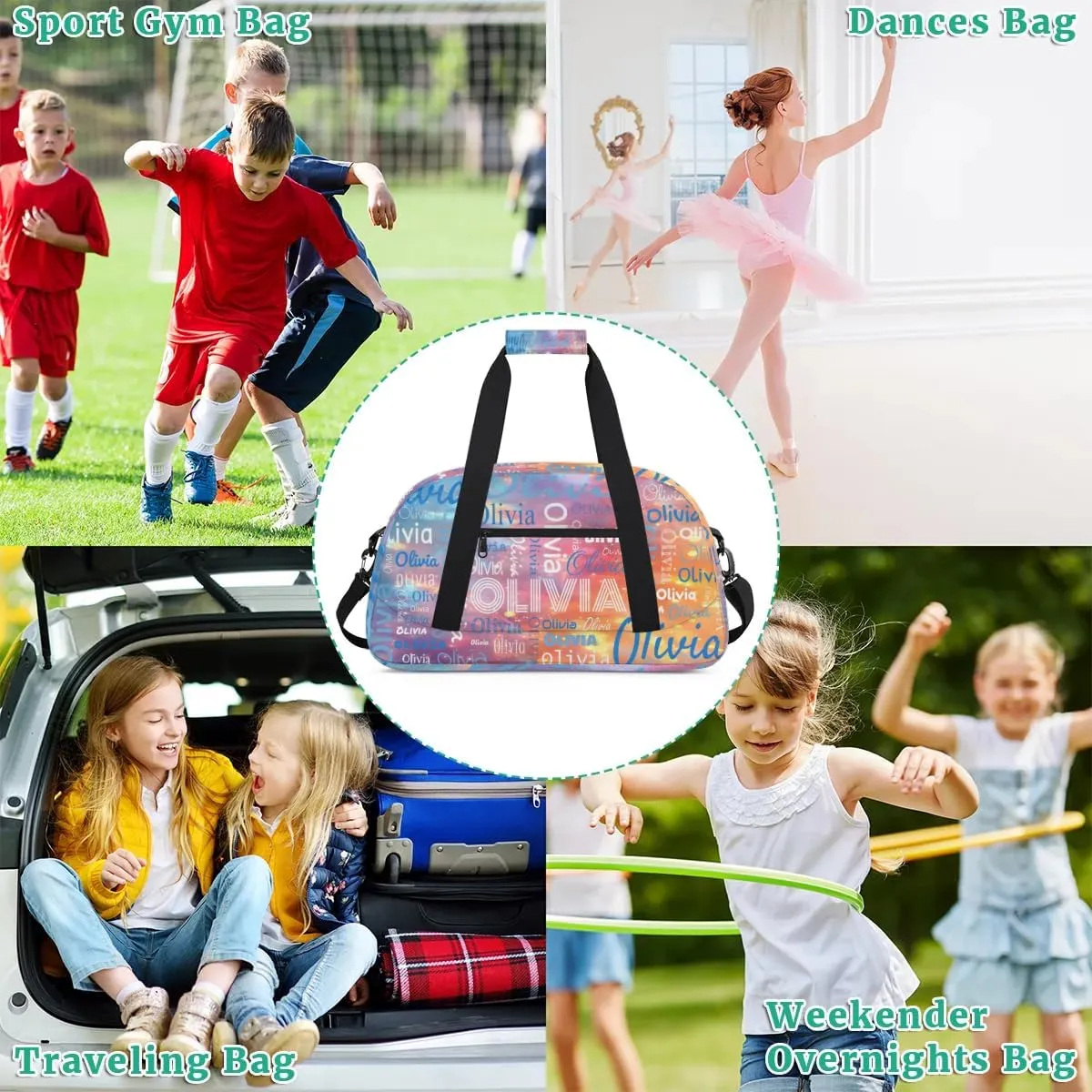 Custom Initial Sport Bags, Personalized Name Dance Gym Duffel Bags Personalized Gifts Custom Travel Weekender Bag Monogrammed, Purple Blue Gradient