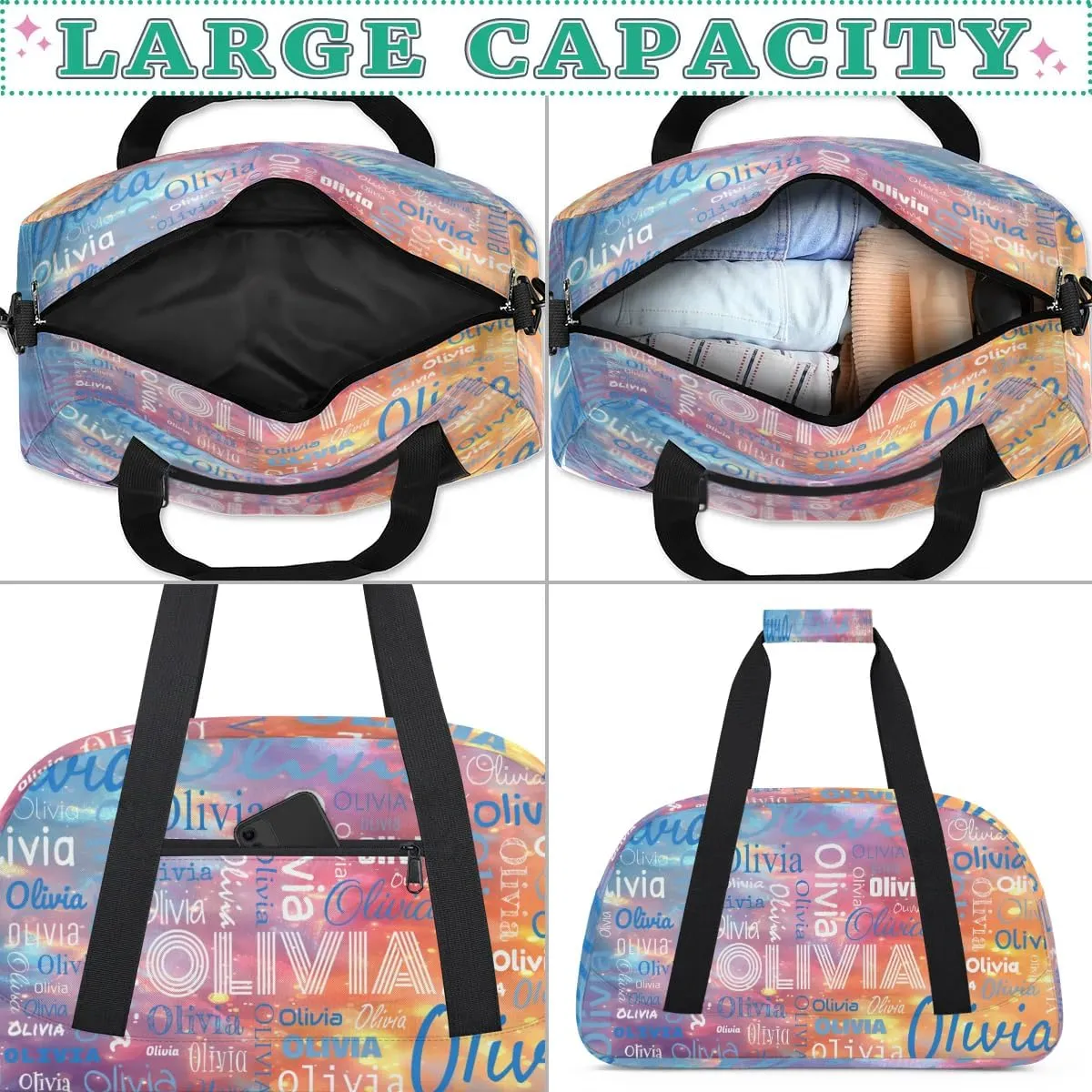 Custom Initial Sport Bags, Personalized Name Dance Gym Duffel Bags Personalized Gifts Custom Travel Weekender Bag Monogrammed, Purple Blue Gradient