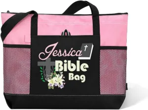 Custom Name Christian Tote Bags Bible Bag with Flower Faith Bag Church Tote Bag Christian Gifts for Girls Women Personalized Religious Tote Bag for Her Bible Tote Bag Religious Canvas Bag