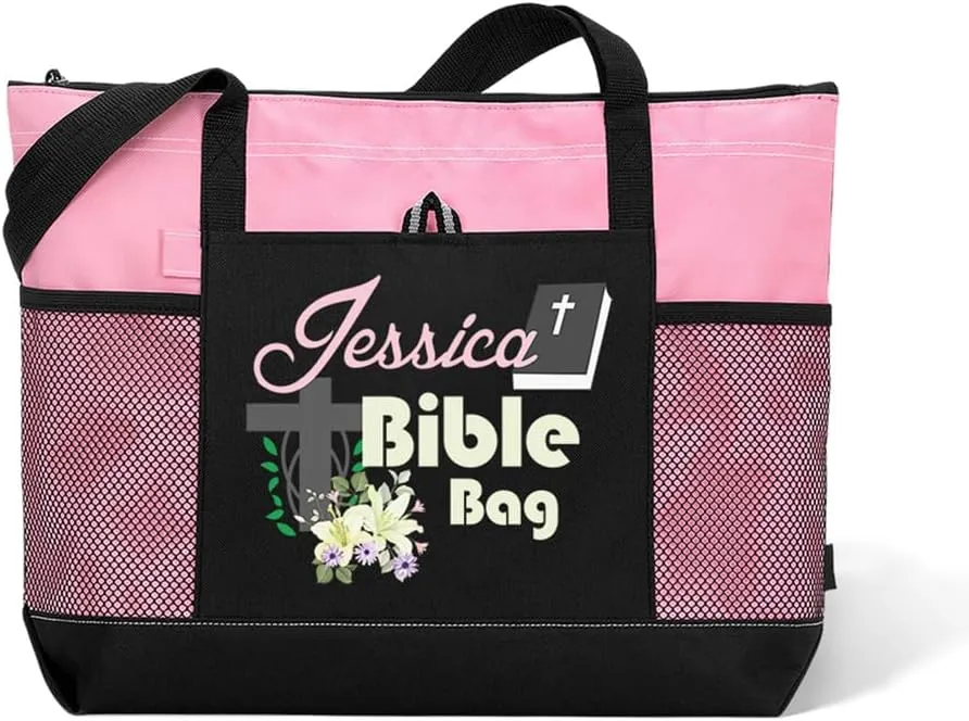 Custom Name Christian Tote Bags Bible Bag with Flower Faith Bag Church Tote Bag Christian Gifts for Girls Women Personalized Religious Tote Bag for Her Bible Tote Bag Religious Canvas Bag