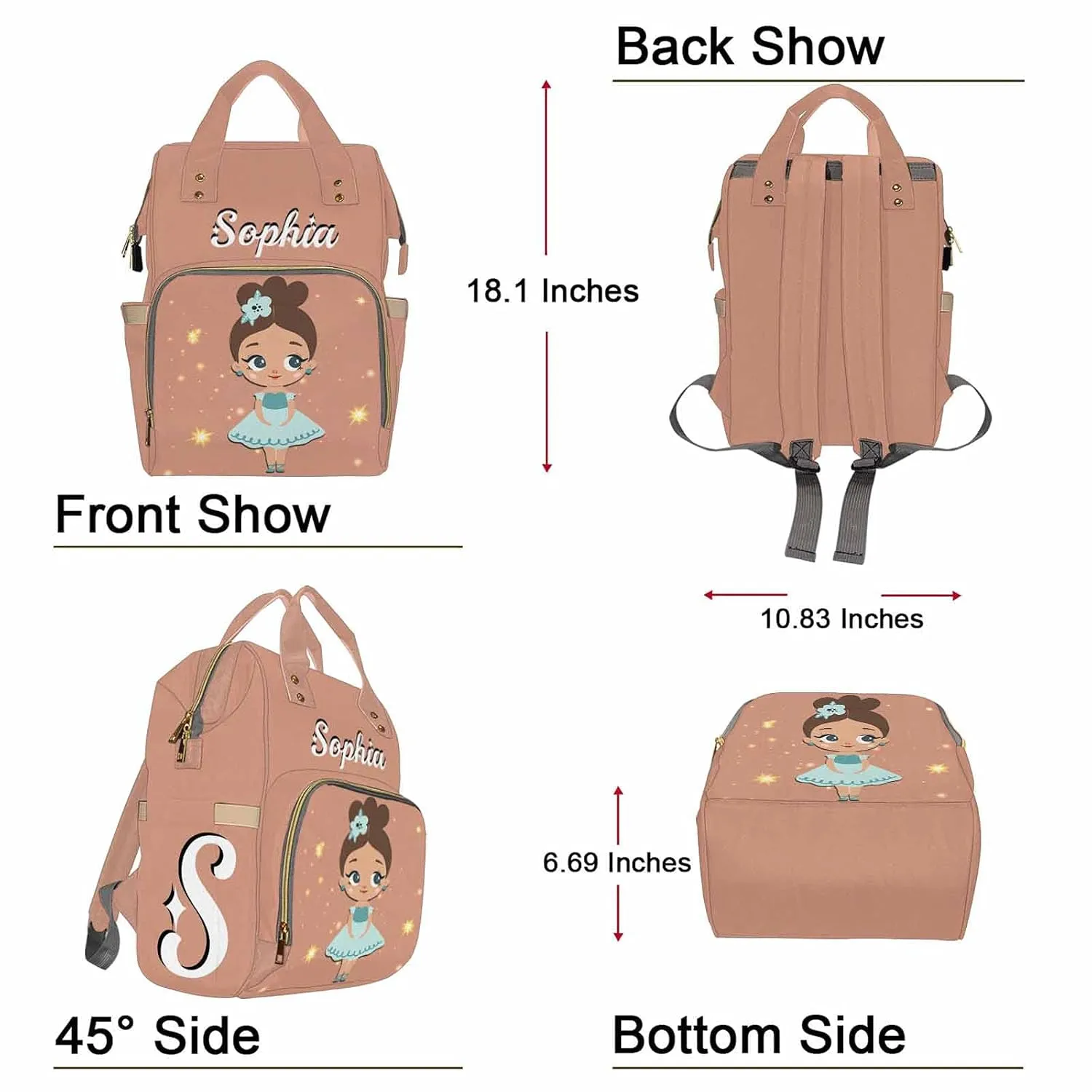 Custom Name Diaper Bag Backpack for Baby Girls, Personalized Girl Flesh Pink Mommy Bags Baby Girl Boy Monogrammed Diaper Bags, Waterproof Nappy Travel Daypack for Dad Mom Gifts
