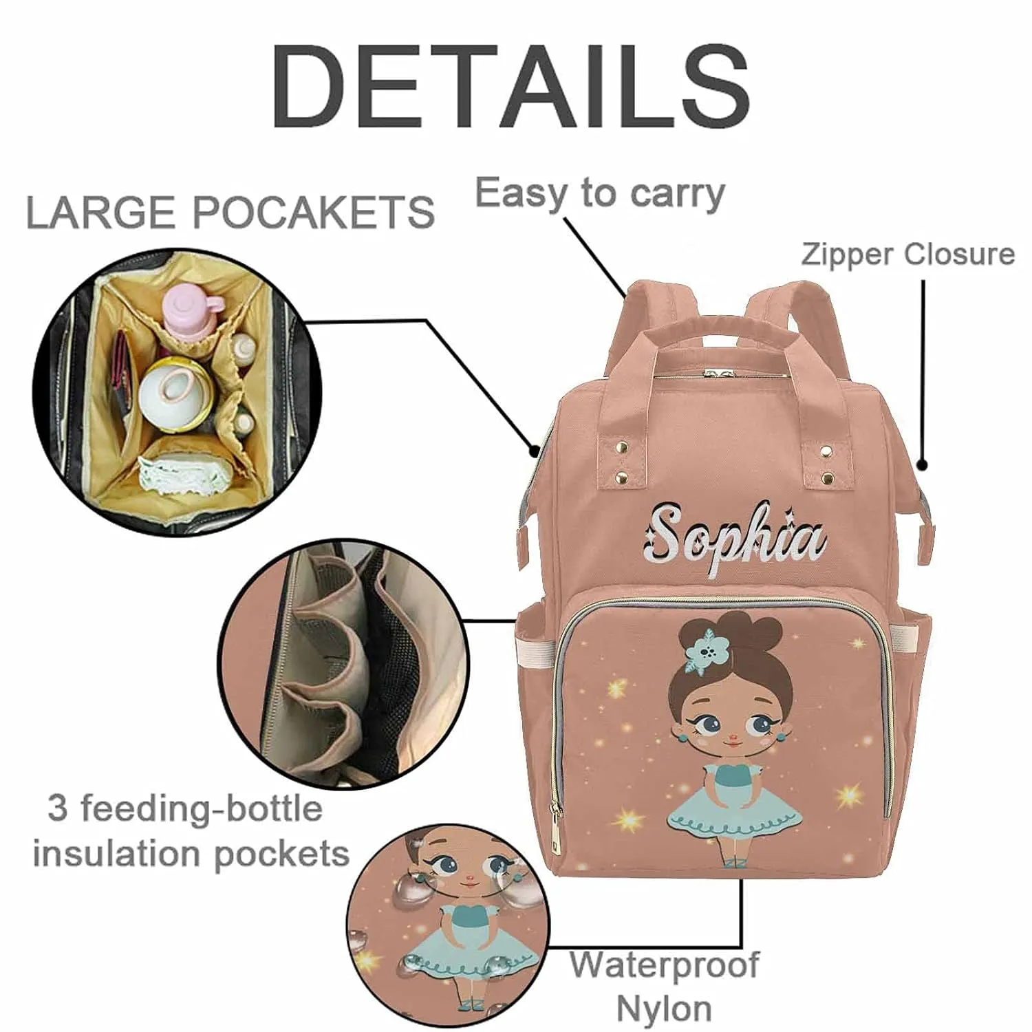 Custom Name Diaper Bag Backpack for Baby Girls, Personalized Girl Flesh Pink Mommy Bags Baby Girl Boy Monogrammed Diaper Bags, Waterproof Nappy Travel Daypack for Dad Mom Gifts
