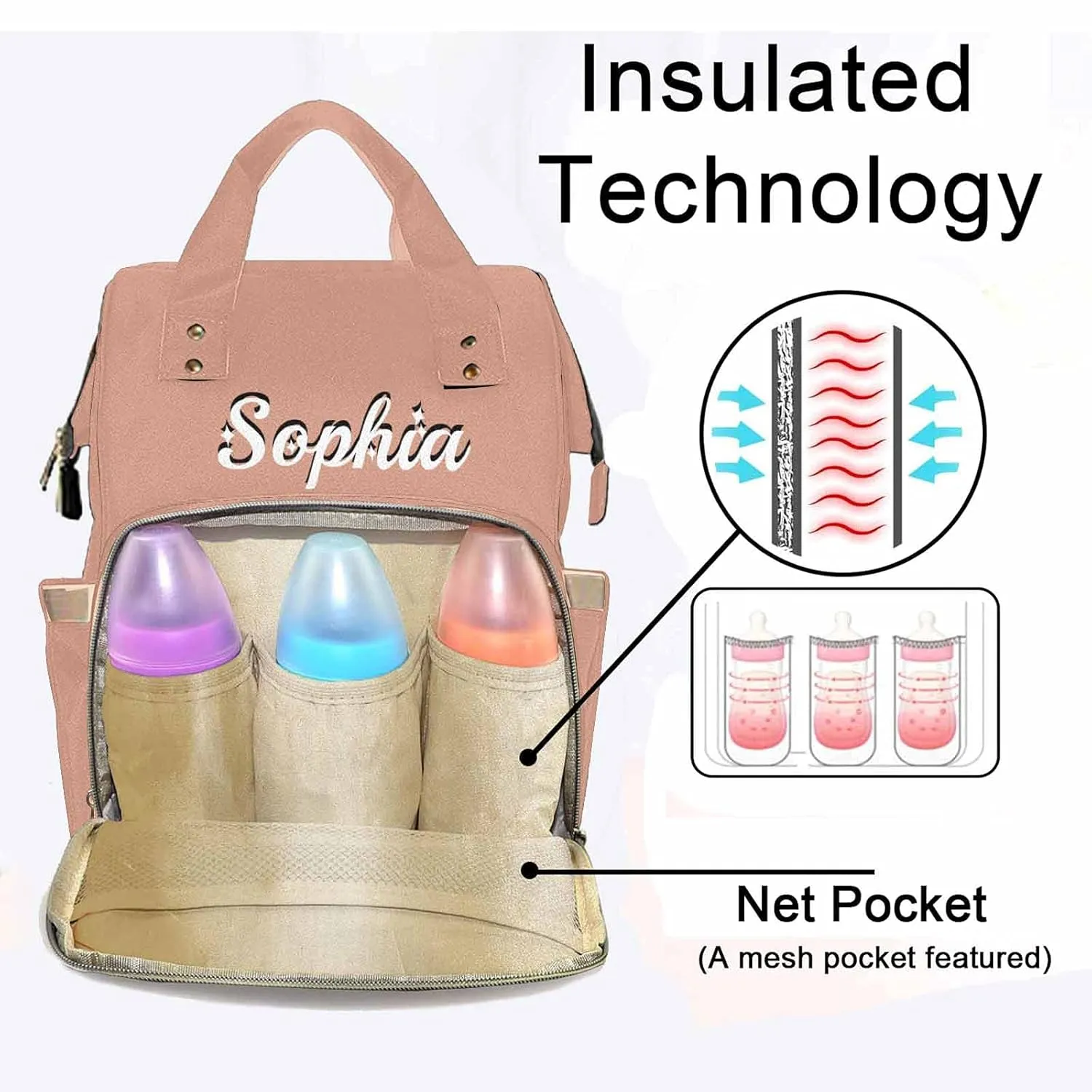 Custom Name Diaper Bag Backpack for Baby Girls, Personalized Girl Flesh Pink Mommy Bags Baby Girl Boy Monogrammed Diaper Bags, Waterproof Nappy Travel Daypack for Dad Mom Gifts