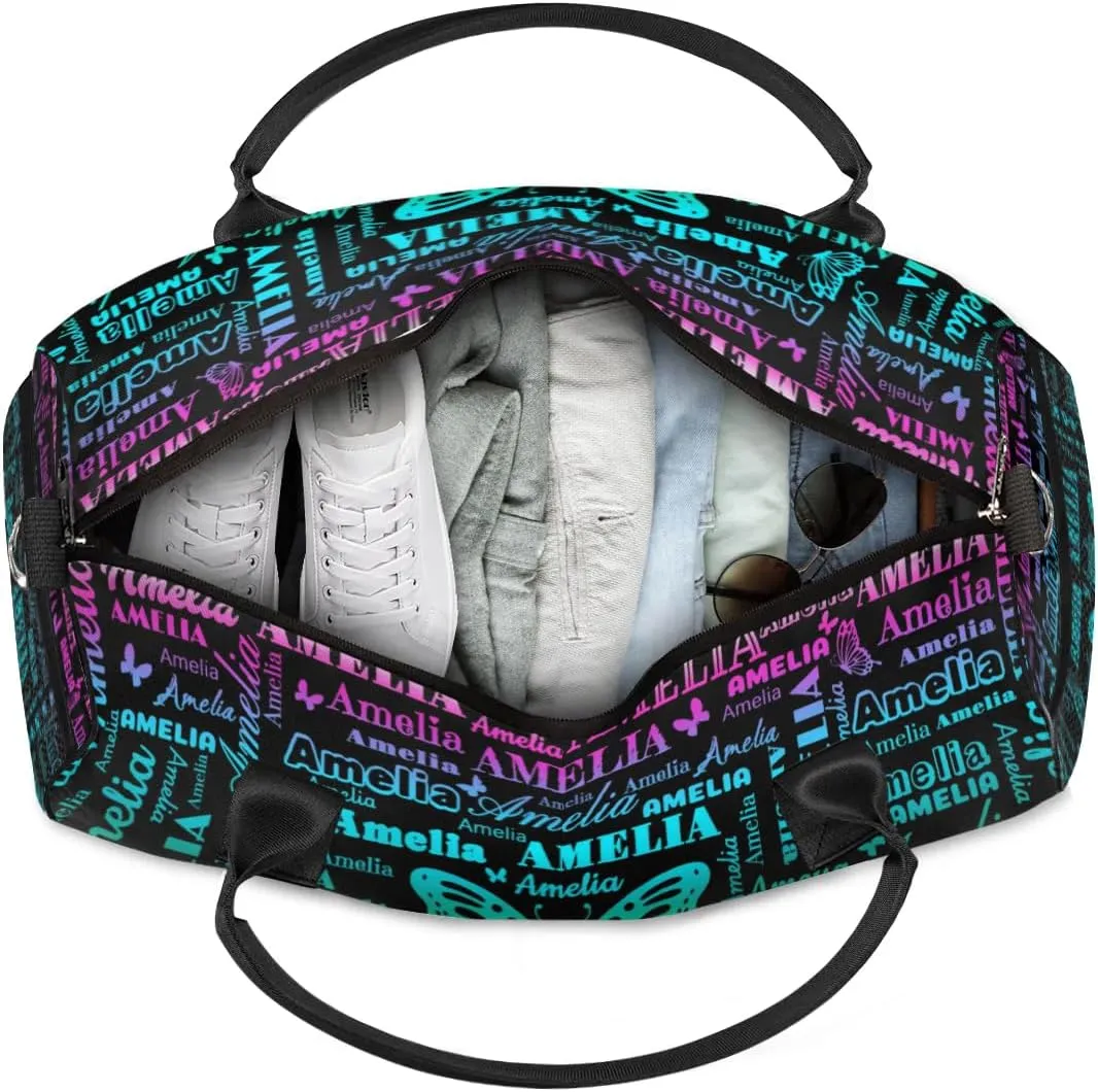 Custom Name Sport Duffel Bag, Personalized Gym Bag for Women, Custom Travel Tote Bags for Dance Cheer, Black Overnight Weekender Bags, Butterfly Bag