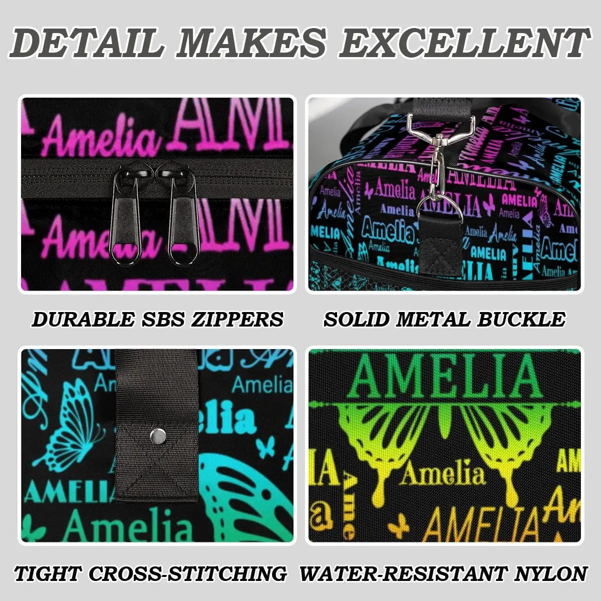 Custom Name Sport Duffel Bag, Personalized Gym Bag for Women, Custom Travel Tote Bags for Dance Cheer, Black Overnight Weekender Bags, Butterfly Bag