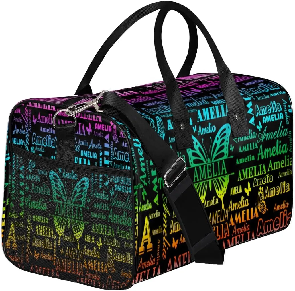 Custom Name Sport Duffel Bag, Personalized Gym Bag for Women, Custom Travel Tote Bags for Dance Cheer, Black Overnight Weekender Bags, Butterfly Bag