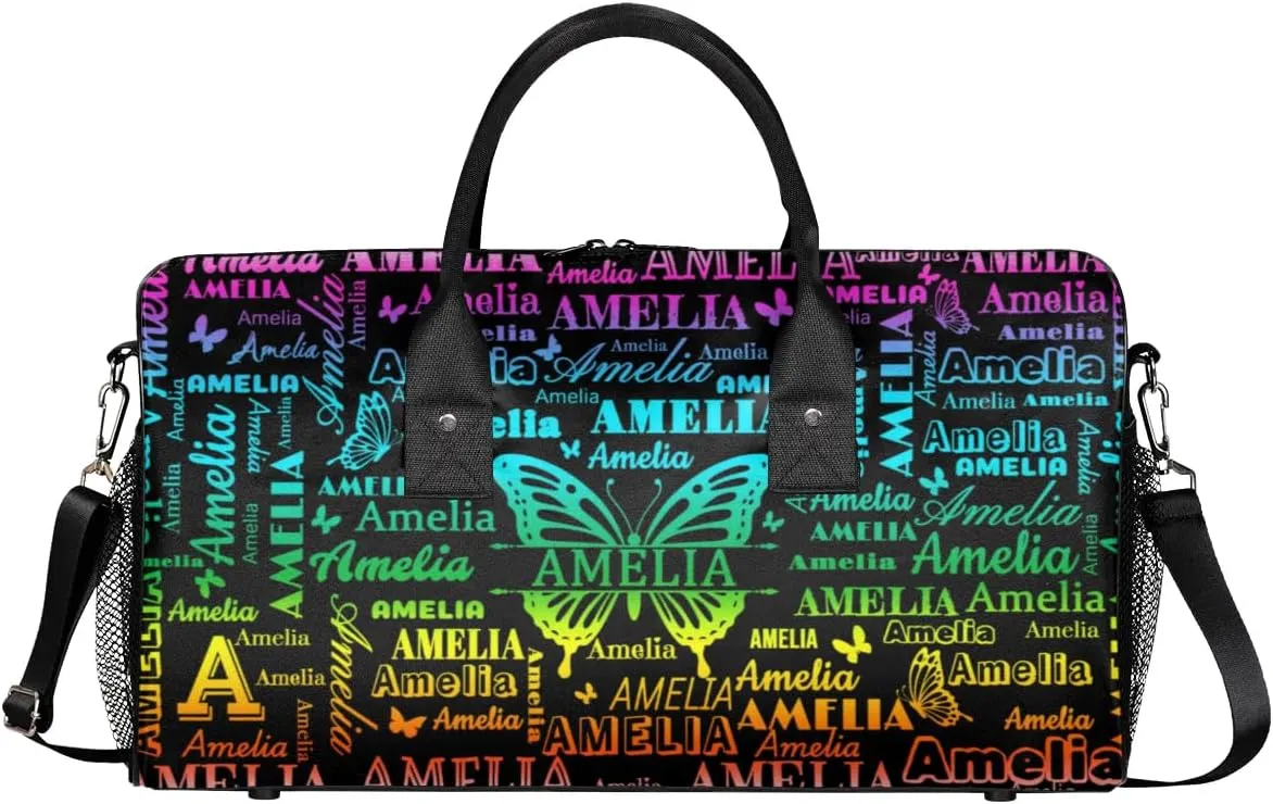Custom Name Sport Duffel Bag, Personalized Gym Bag for Women, Custom Travel Tote Bags for Dance Cheer, Black Overnight Weekender Bags, Butterfly Bag