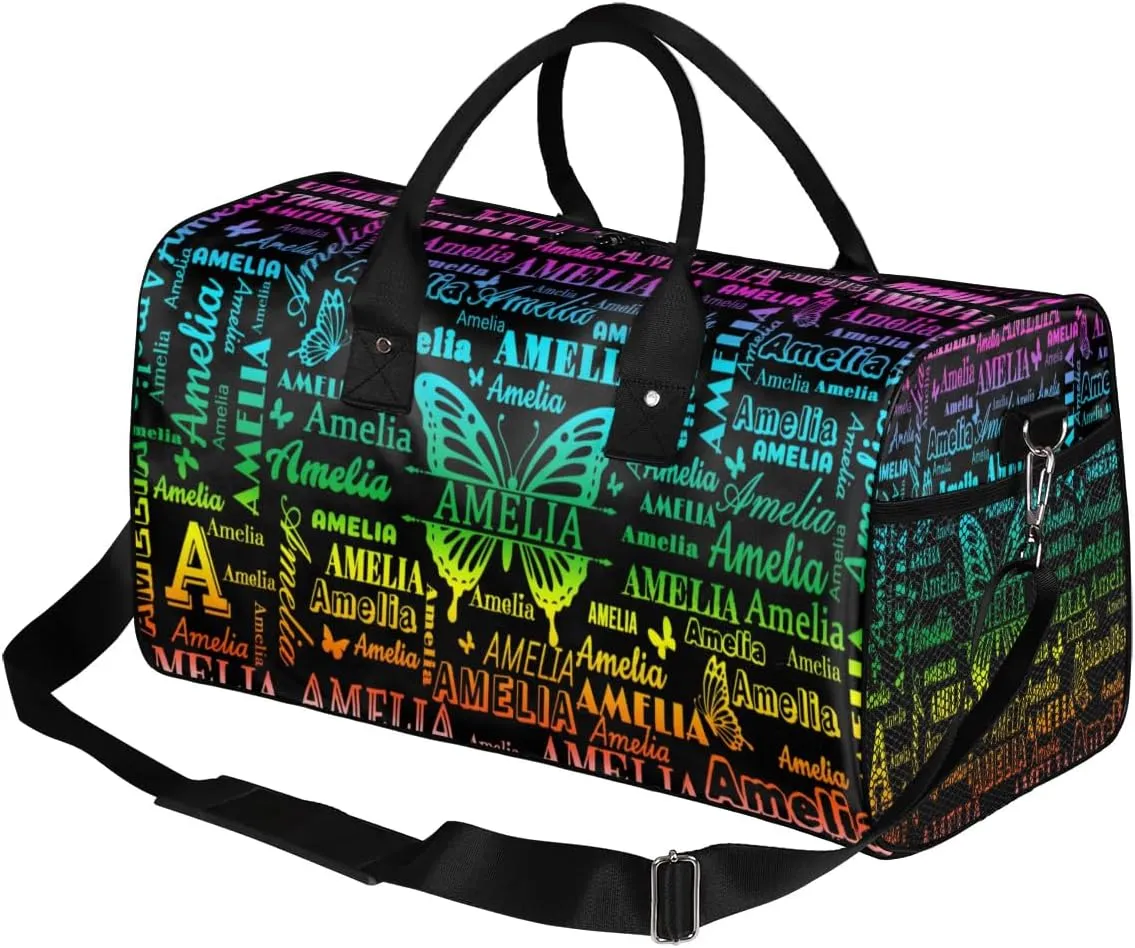Custom Name Sport Duffel Bag, Personalized Gym Bag for Women, Custom Travel Tote Bags for Dance Cheer, Black Overnight Weekender Bags, Butterfly Bag