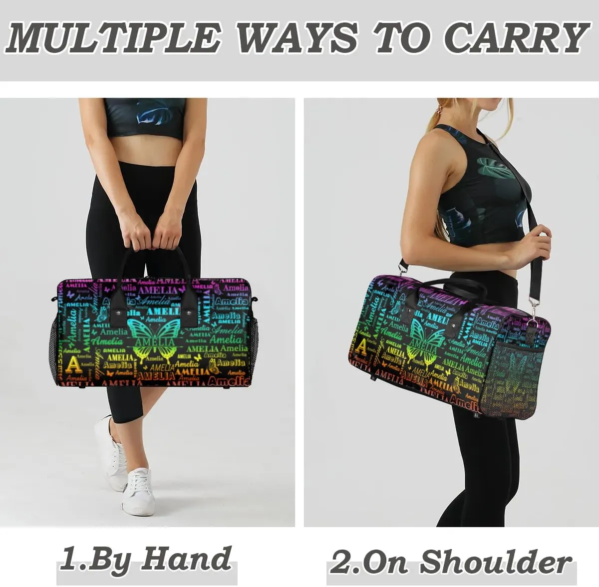 Custom Name Sport Duffel Bag, Personalized Gym Bag for Women, Custom Travel Tote Bags for Dance Cheer, Black Overnight Weekender Bags, Butterfly Bag