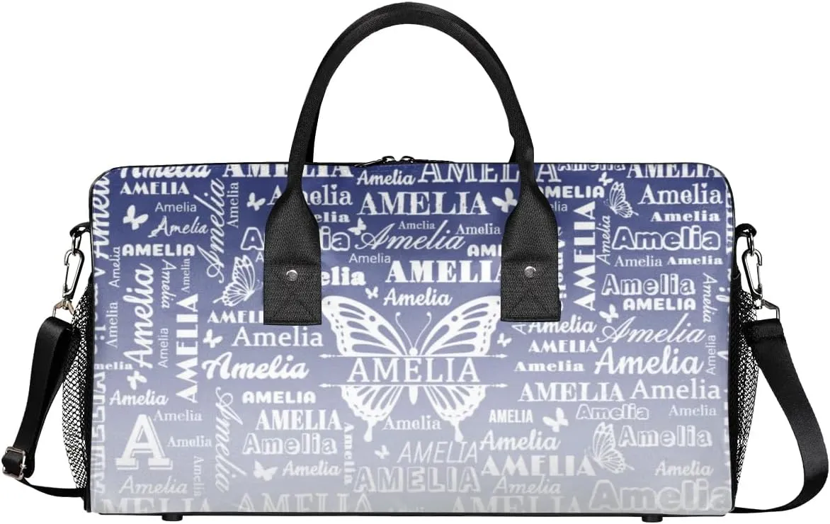 Custom Name Sport Duffel Bag, Personalized Gym Bag for Women, Custom Travel Tote Bags for Dance Cheer, Overnight Weekender Bags, Cobalt Blue Gradient Butterfly Bag