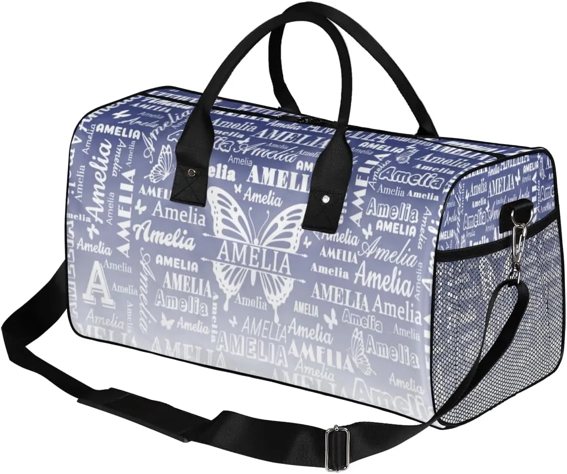 Custom Name Sport Duffel Bag, Personalized Gym Bag for Women, Custom Travel Tote Bags for Dance Cheer, Overnight Weekender Bags, Cobalt Blue Gradient Butterfly Bag