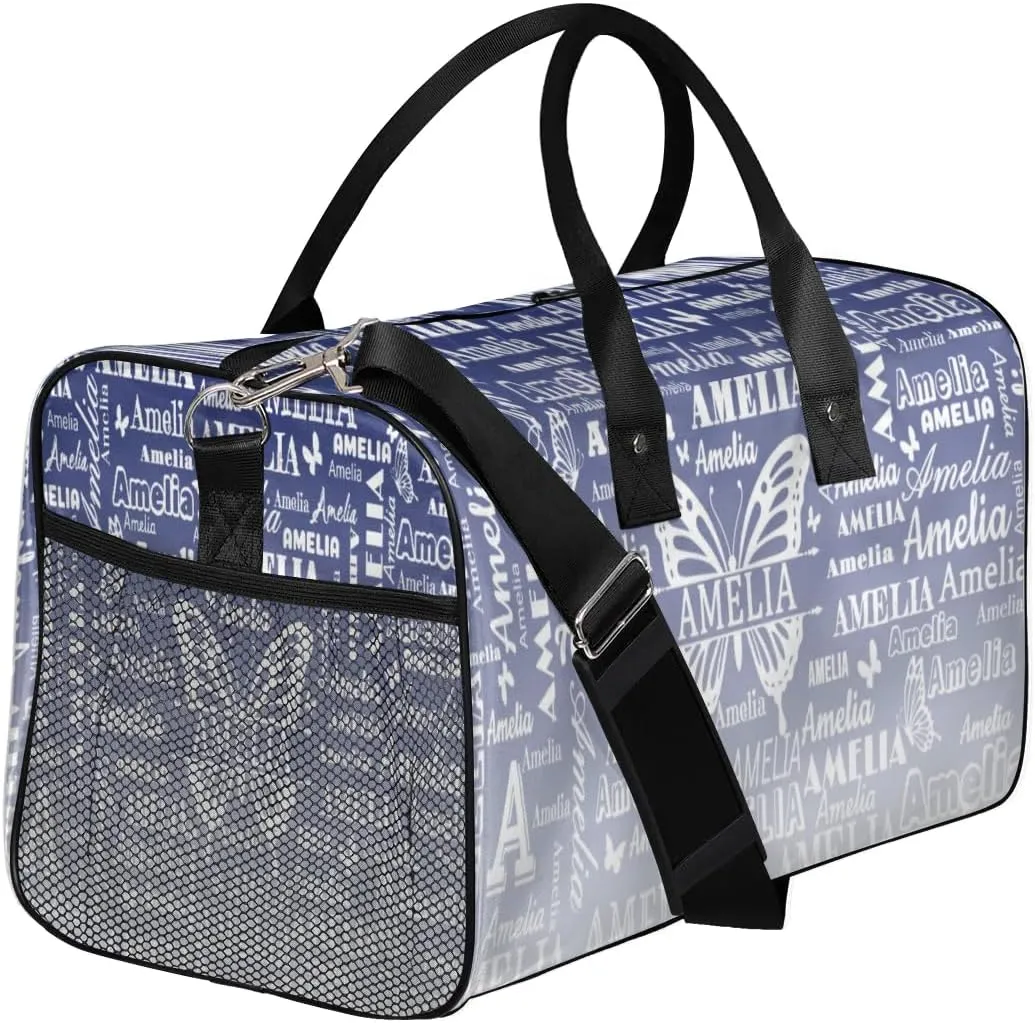 Custom Name Sport Duffel Bag, Personalized Gym Bag for Women, Custom Travel Tote Bags for Dance Cheer, Overnight Weekender Bags, Cobalt Blue Gradient Butterfly Bag