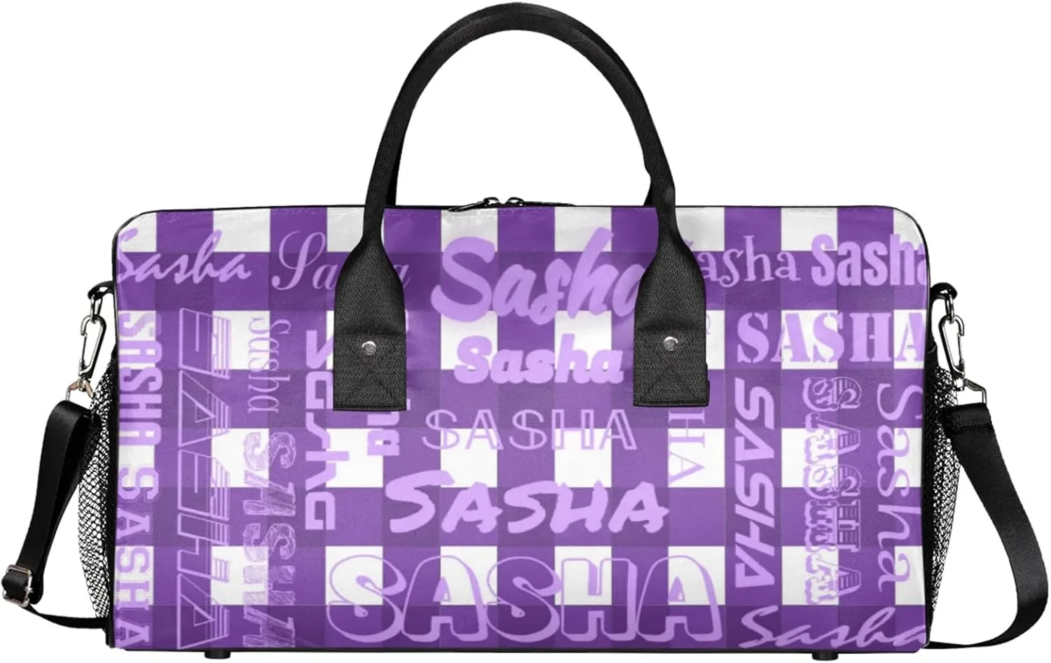 Custom Name Sport Duffel Bag, Personalized Gym Bag for Women, Deep Purple Buffalo Plaid Custom Travel Tote Bags for Dance Cheer, Overnight Weekender Bags
