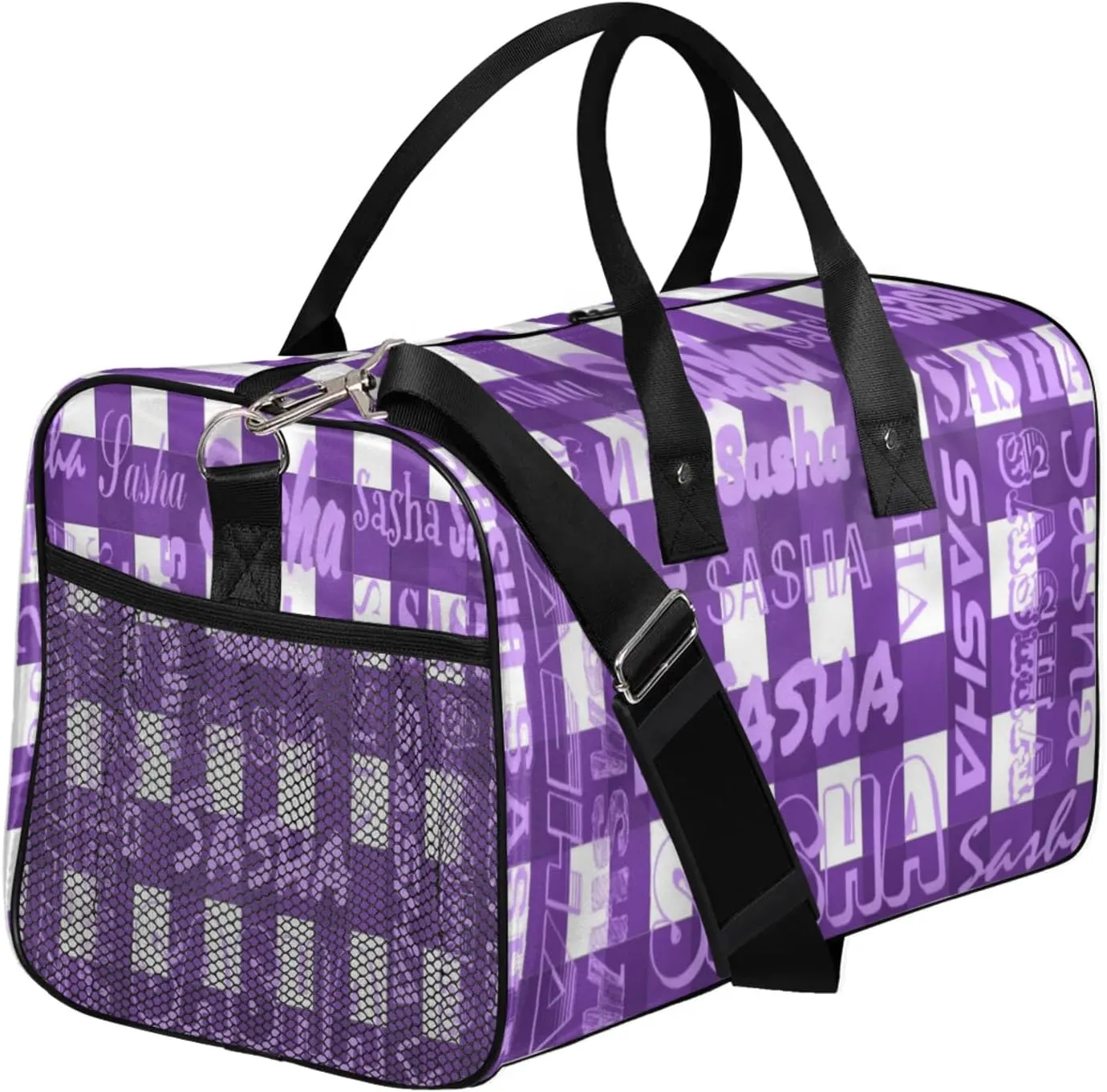 Custom Name Sport Duffel Bag, Personalized Gym Bag for Women, Deep Purple Buffalo Plaid Custom Travel Tote Bags for Dance Cheer, Overnight Weekender Bags