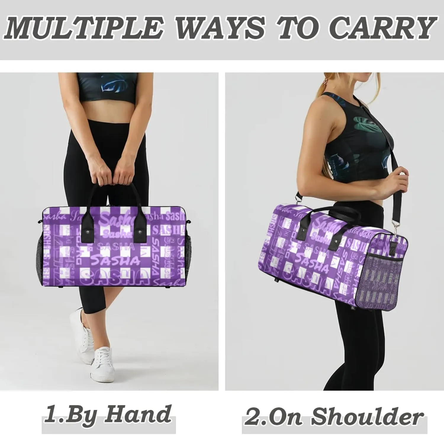 Custom Name Sport Duffel Bag, Personalized Gym Bag for Women, Deep Purple Buffalo Plaid Custom Travel Tote Bags for Dance Cheer, Overnight Weekender Bags