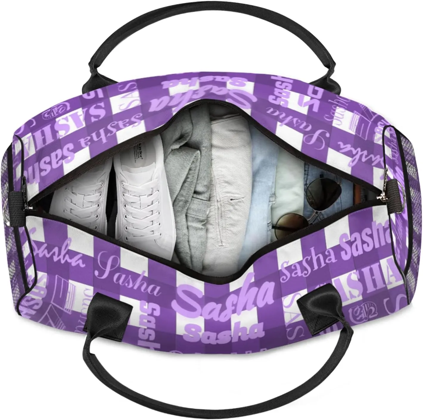 Custom Name Sport Duffel Bag, Personalized Gym Bag for Women, Deep Purple Buffalo Plaid Custom Travel Tote Bags for Dance Cheer, Overnight Weekender Bags