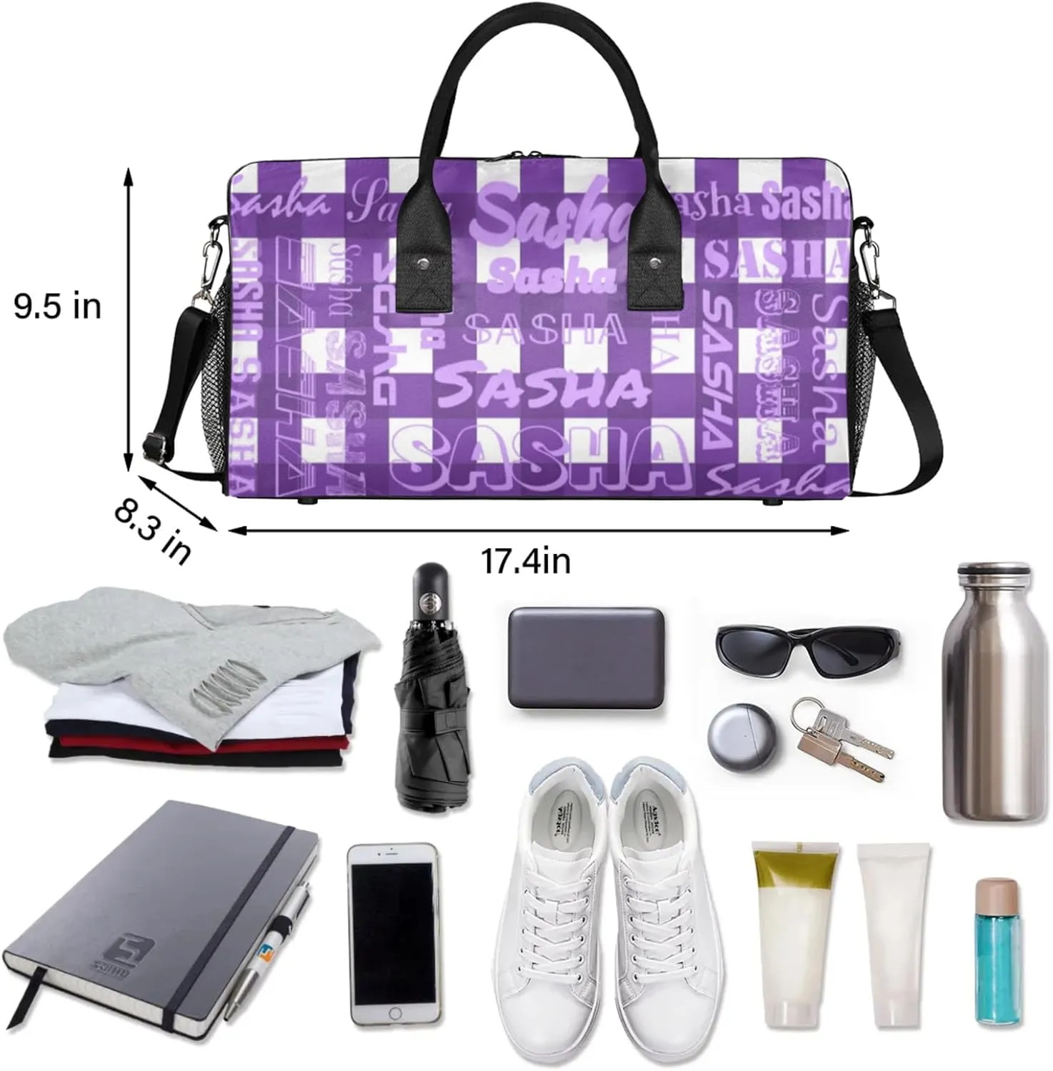 Custom Name Sport Duffel Bag, Personalized Gym Bag for Women, Deep Purple Buffalo Plaid Custom Travel Tote Bags for Dance Cheer, Overnight Weekender Bags