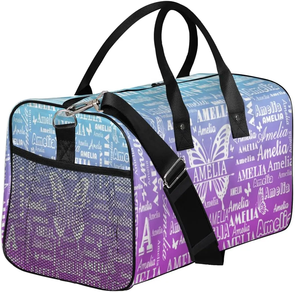 Custom Name Sport Duffel Bag with Butterfly, Personalized Initial Gym Bag for Women, Custom Travel Tote Bags for Dance Cheer, Overnight Weekender Bags, Blue Purple Gradient
