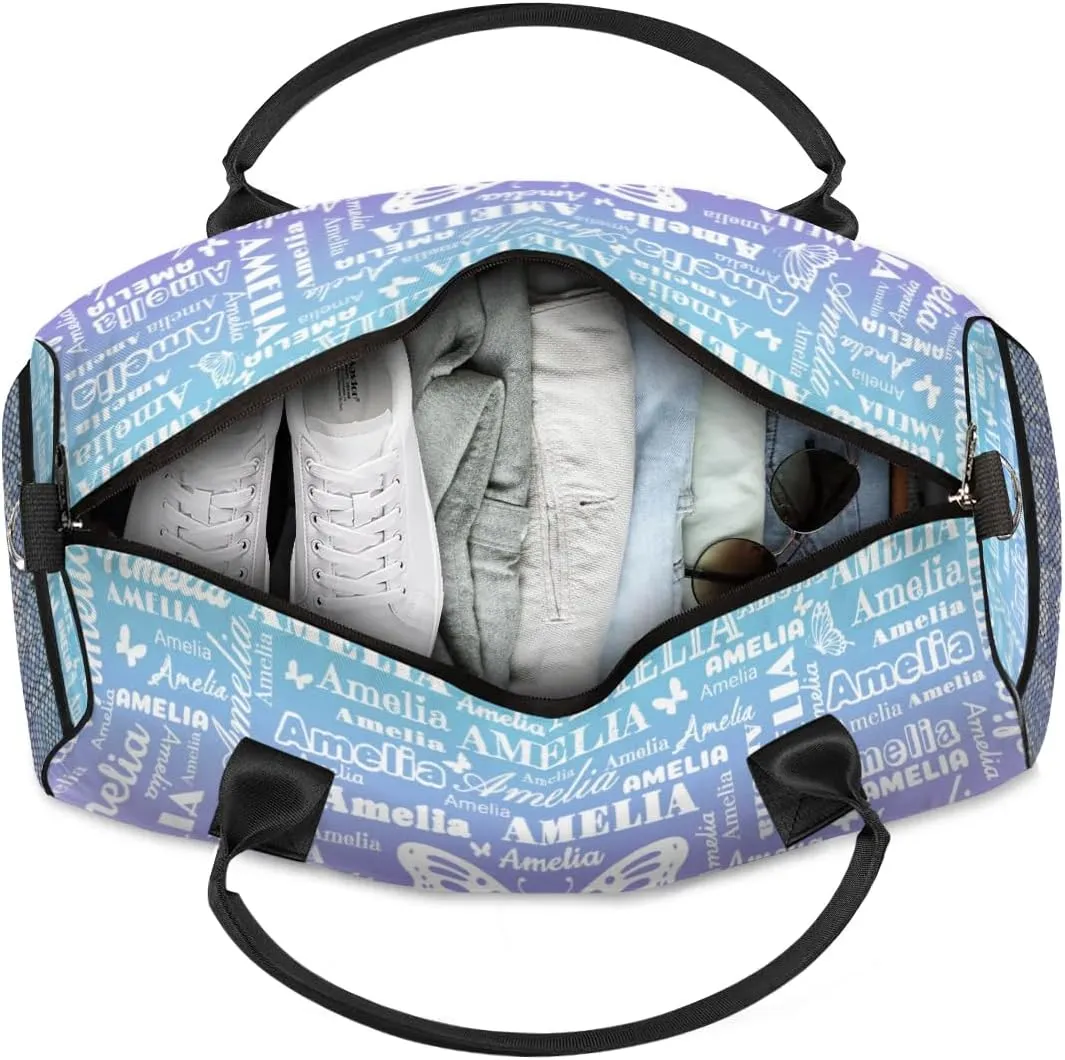 Custom Name Sport Duffel Bag with Butterfly, Personalized Initial Gym Bag for Women, Custom Travel Tote Bags for Dance Cheer, Overnight Weekender Bags, Blue Purple Gradient
