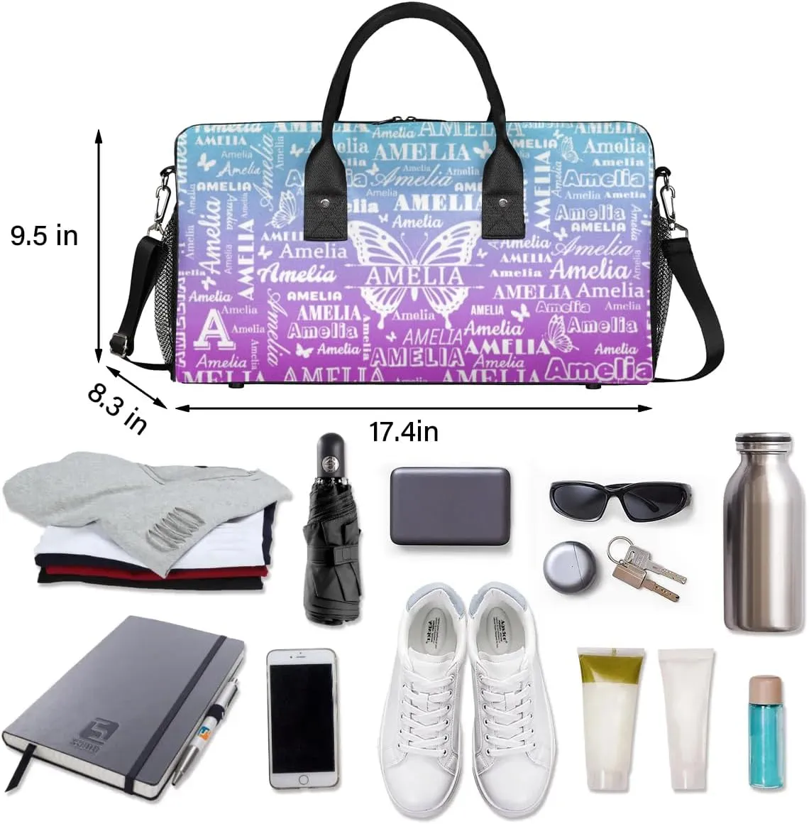 Custom Name Sport Duffel Bag with Butterfly, Personalized Initial Gym Bag for Women, Custom Travel Tote Bags for Dance Cheer, Overnight Weekender Bags, Blue Purple Gradient