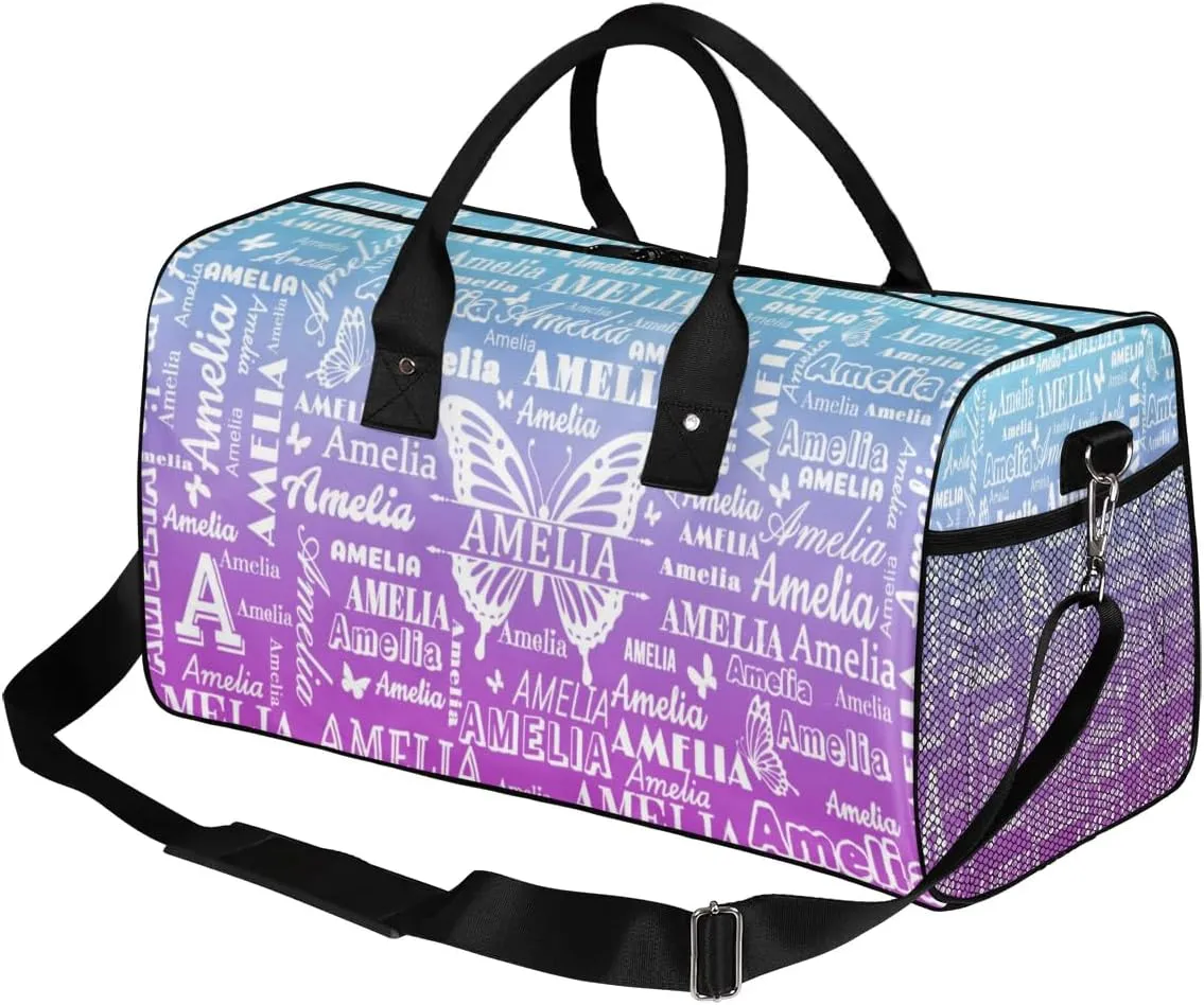 Custom Name Sport Duffel Bag with Butterfly, Personalized Initial Gym Bag for Women, Custom Travel Tote Bags for Dance Cheer, Overnight Weekender Bags, Blue Purple Gradient