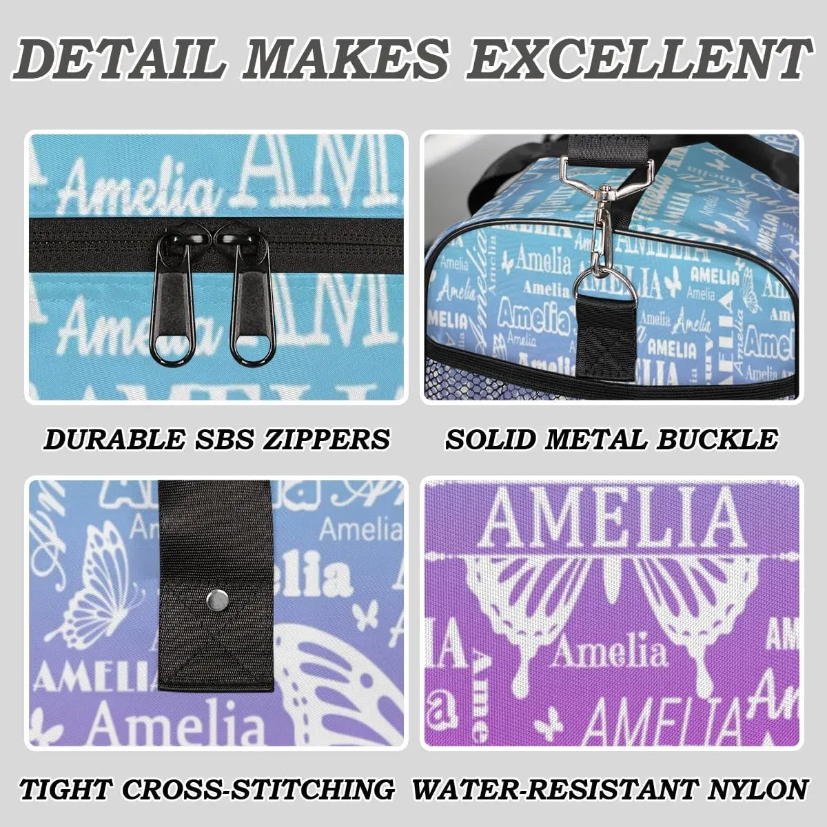 Custom Name Sport Duffel Bag with Butterfly, Personalized Initial Gym Bag for Women, Custom Travel Tote Bags for Dance Cheer, Overnight Weekender Bags, Blue Purple Gradient