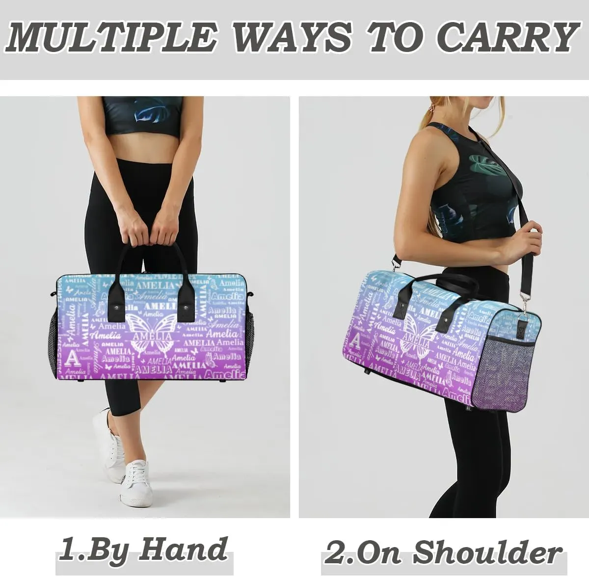Custom Name Sport Duffel Bag with Butterfly, Personalized Initial Gym Bag for Women, Custom Travel Tote Bags for Dance Cheer, Overnight Weekender Bags, Blue Purple Gradient
