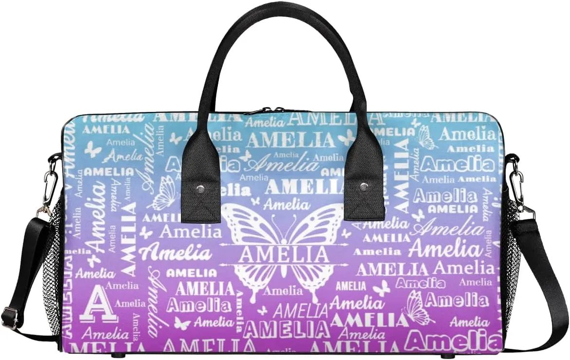 Custom Name Sport Duffel Bag with Butterfly, Personalized Initial Gym Bag for Women, Custom Travel Tote Bags for Dance Cheer, Overnight Weekender Bags, Blue Purple Gradient