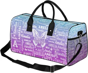Custom Name Sport Duffel Bag with Butterfly, Personalized Initial Gym Bag for Women, Custom Travel Tote Bags for Dance Cheer, Overnight Weekender Bags, Blue Purple Gradient