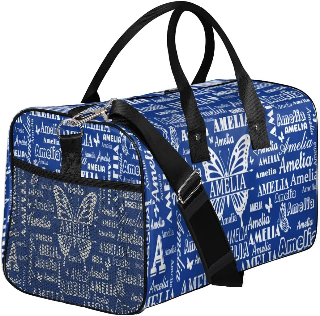 Custom Name Sport Duffel Bag with Butterfly, Personalized Initial Gym Bag for Women, Custom Travel Tote Bags for Dance Cheer, Overnight Weekender Bags, Cobalt Blue