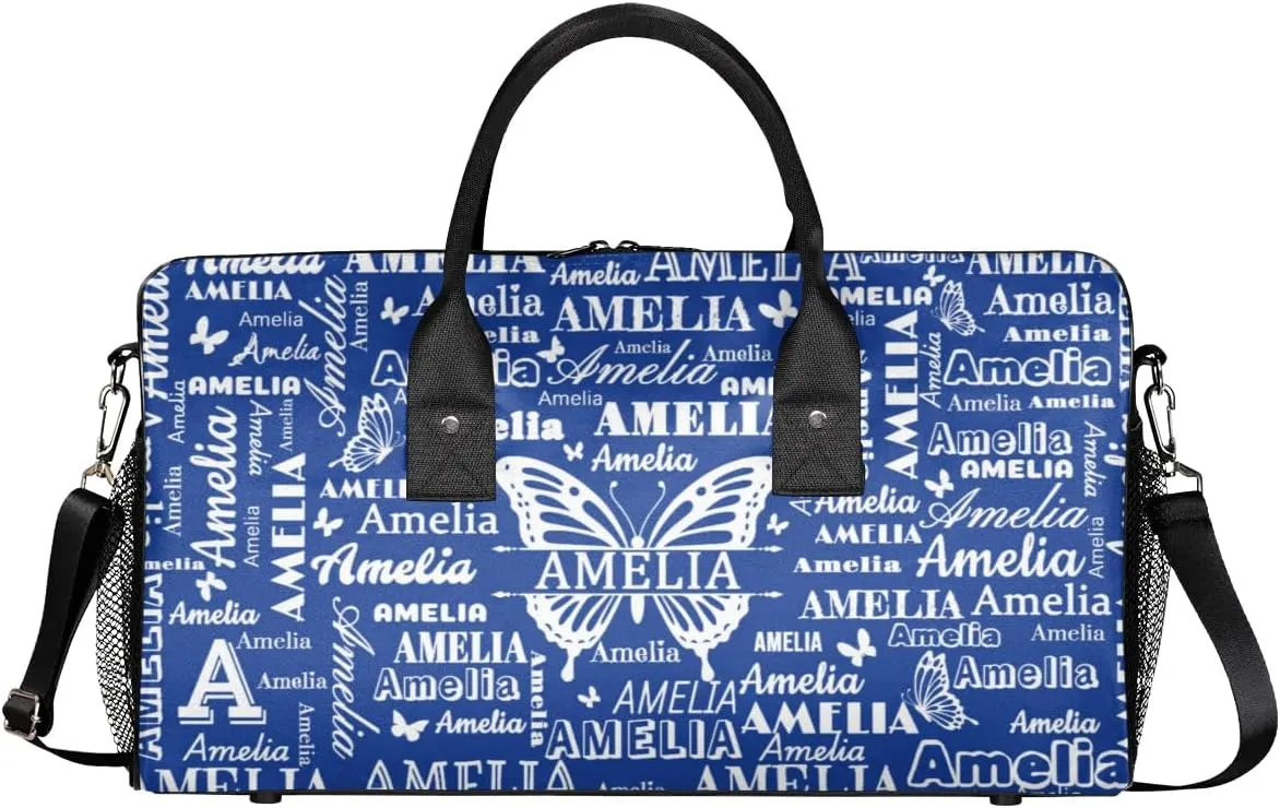 Custom Name Sport Duffel Bag with Butterfly, Personalized Initial Gym Bag for Women, Custom Travel Tote Bags for Dance Cheer, Overnight Weekender Bags, Cobalt Blue
