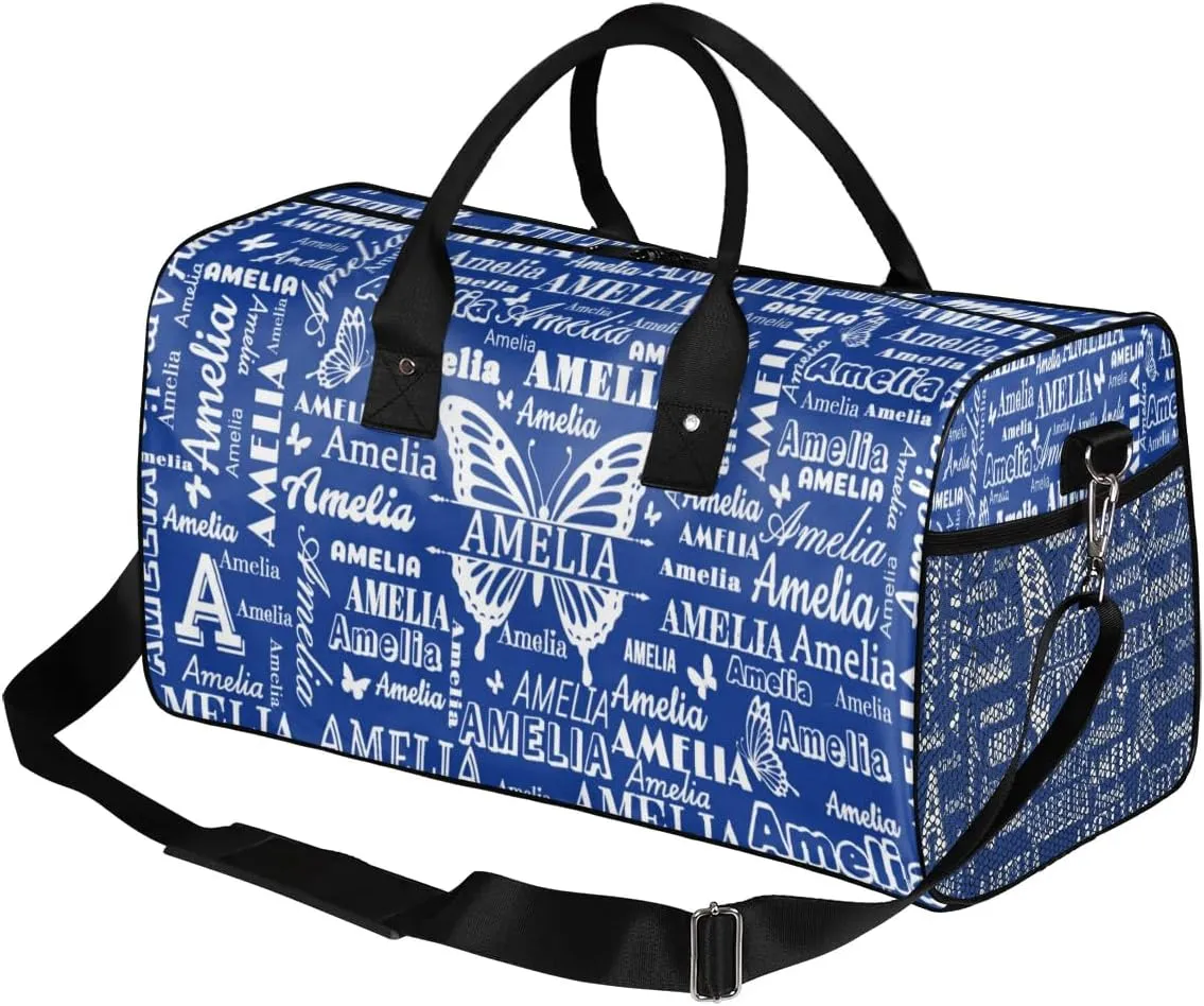 Custom Name Sport Duffel Bag with Butterfly, Personalized Initial Gym Bag for Women, Custom Travel Tote Bags for Dance Cheer, Overnight Weekender Bags, Cobalt Blue
