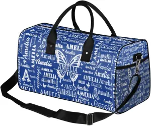 Custom Name Sport Duffel Bag with Butterfly, Personalized Initial Gym Bag for Women, Custom Travel Tote Bags for Dance Cheer, Overnight Weekender Bags, Cobalt Blue