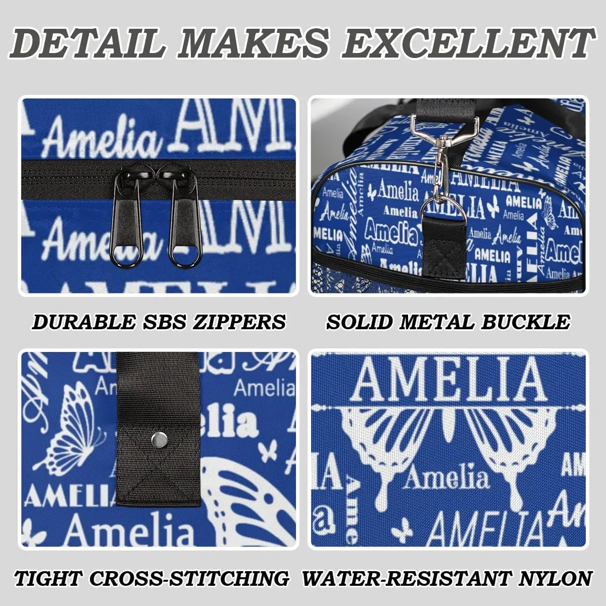 Custom Name Sport Duffel Bag with Butterfly, Personalized Initial Gym Bag for Women, Custom Travel Tote Bags for Dance Cheer, Overnight Weekender Bags, Cobalt Blue