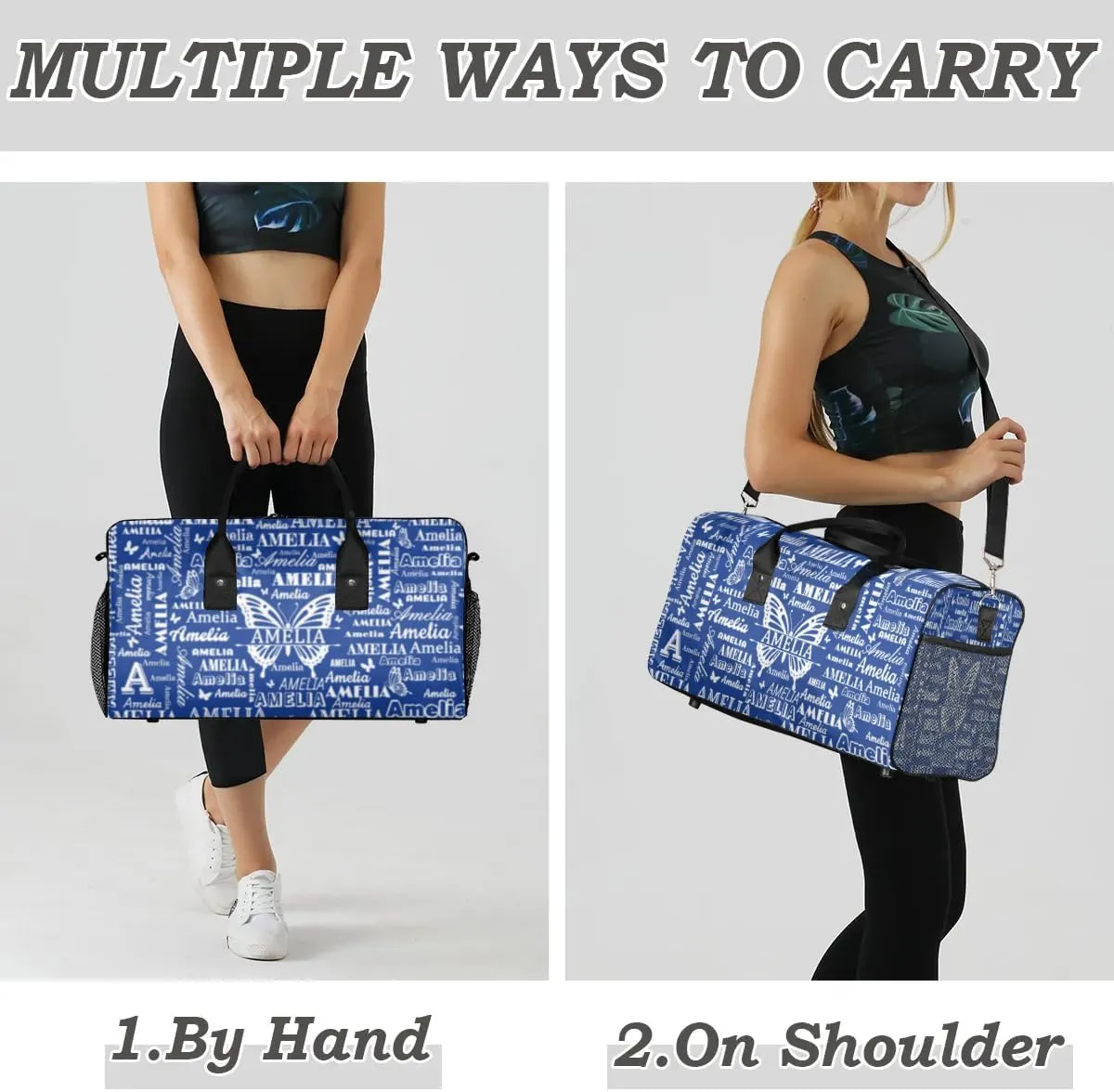 Custom Name Sport Duffel Bag with Butterfly, Personalized Initial Gym Bag for Women, Custom Travel Tote Bags for Dance Cheer, Overnight Weekender Bags, Cobalt Blue