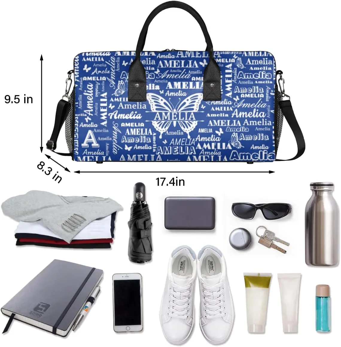 Custom Name Sport Duffel Bag with Butterfly, Personalized Initial Gym Bag for Women, Custom Travel Tote Bags for Dance Cheer, Overnight Weekender Bags, Cobalt Blue