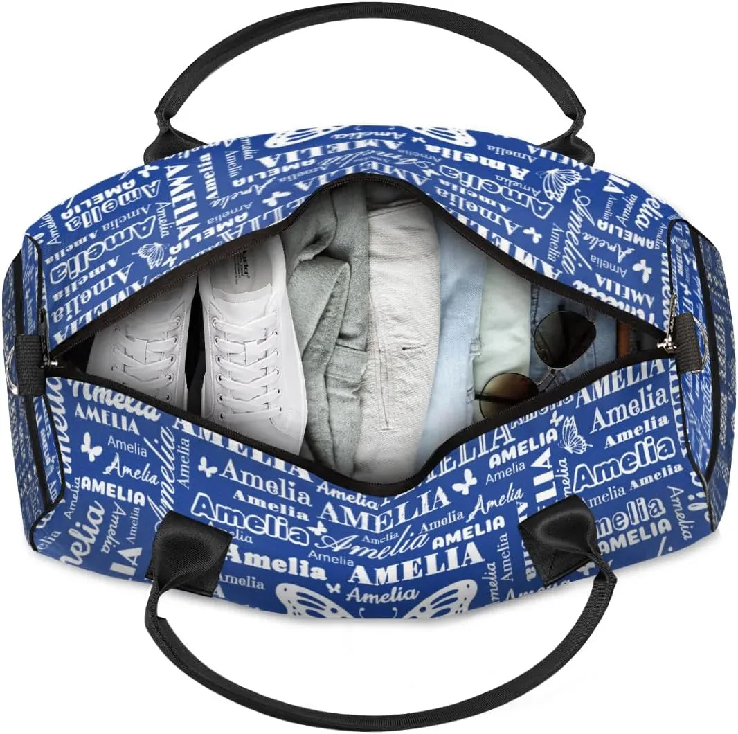 Custom Name Sport Duffel Bag with Butterfly, Personalized Initial Gym Bag for Women, Custom Travel Tote Bags for Dance Cheer, Overnight Weekender Bags, Cobalt Blue
