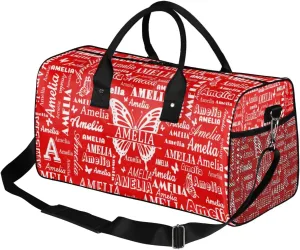 Custom Name Sport Duffel Bag with Butterfly, Personalized Initial Gym Bag for Women, Custom Travel Tote Bags for Dance Cheer, Overnight Weekender Bags, Coral Red A