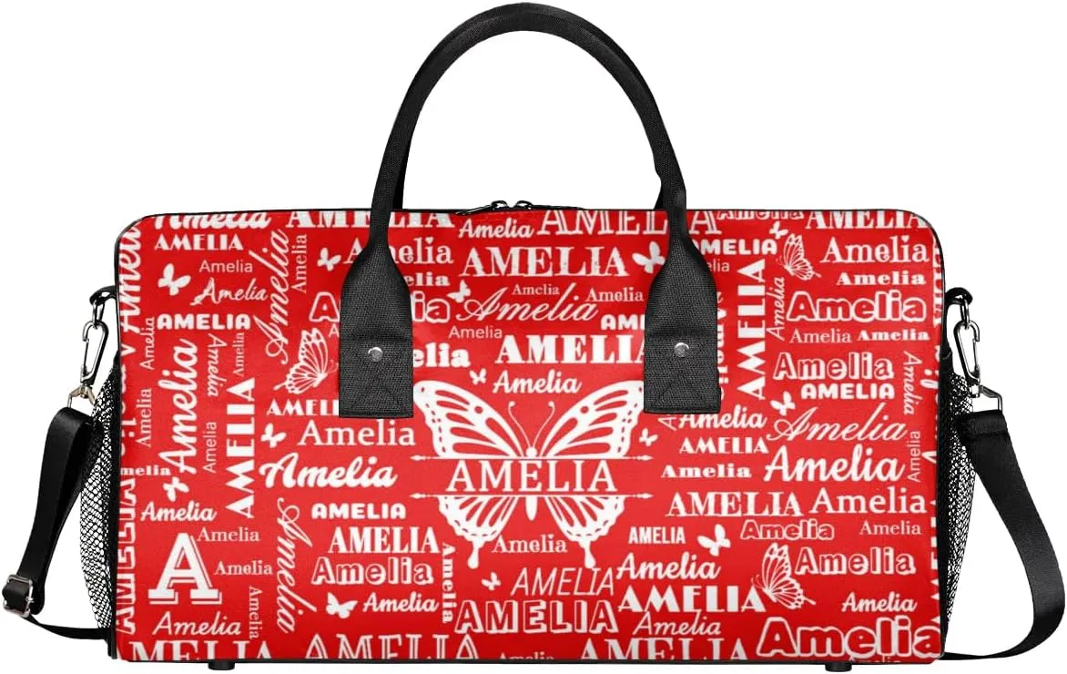 Custom Name Sport Duffel Bag with Butterfly, Personalized Initial Gym Bag for Women, Custom Travel Tote Bags for Dance Cheer, Overnight Weekender Bags, Coral Red A