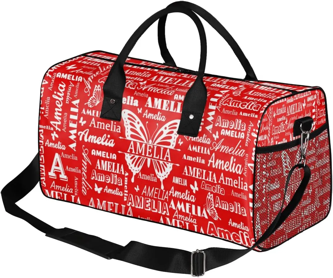 Custom Name Sport Duffel Bag with Butterfly, Personalized Initial Gym Bag for Women, Custom Travel Tote Bags for Dance Cheer, Overnight Weekender Bags, Coral Red A
