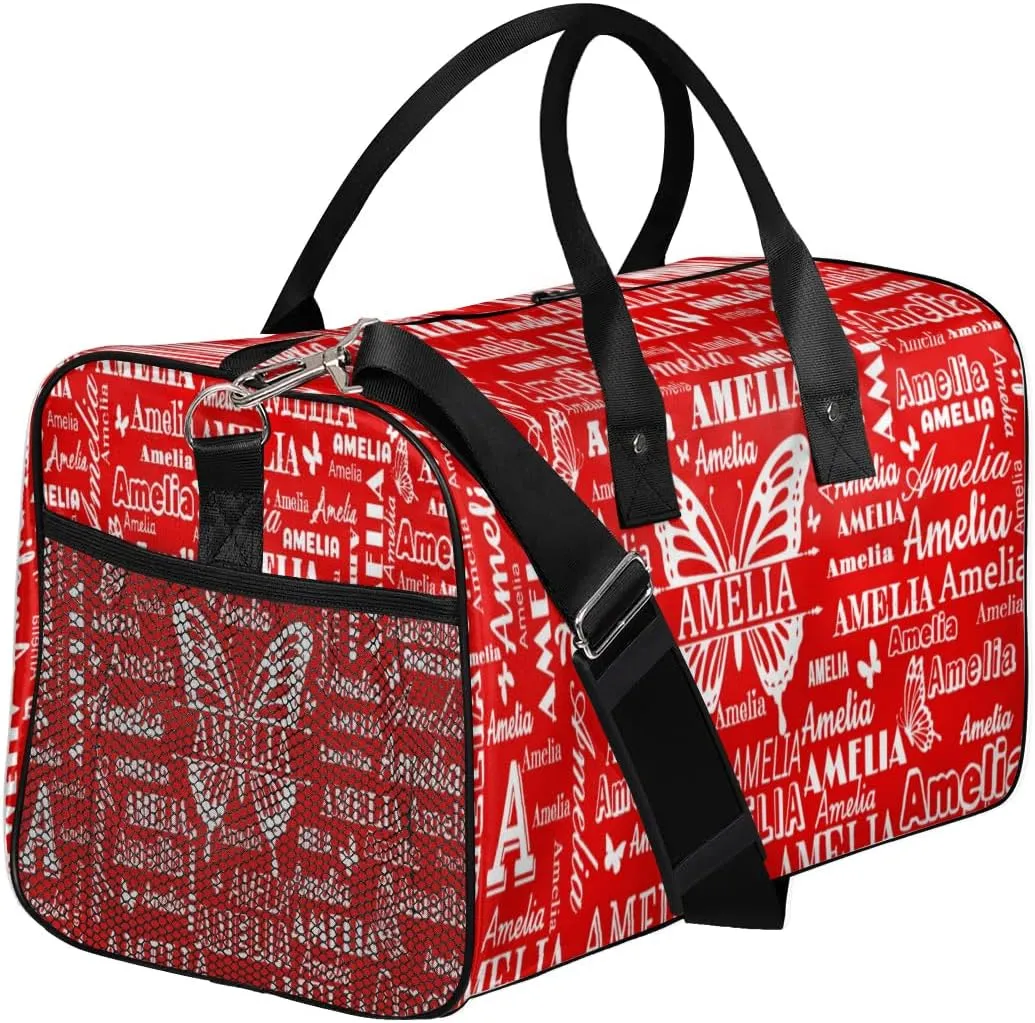 Custom Name Sport Duffel Bag with Butterfly, Personalized Initial Gym Bag for Women, Custom Travel Tote Bags for Dance Cheer, Overnight Weekender Bags, Coral Red A