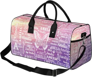 Custom Name Sport Duffel Bag with Initial, Personalized Gym Bag for Women, Custom Travel Tote Bags for Dance Cheer, Overnight Weekender Bags, Cosmos Rainbows Butterfly Bag