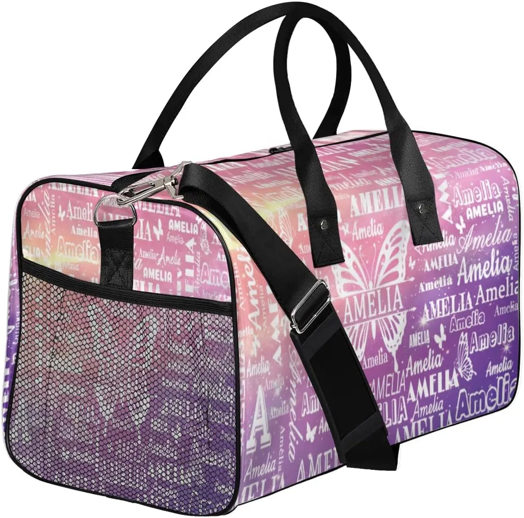 Custom Name Sport Duffel Bag with Initial, Personalized Gym Bag for Women, Custom Travel Tote Bags for Dance Cheer, Overnight Weekender Bags, Cosmos Rainbows Butterfly Bag