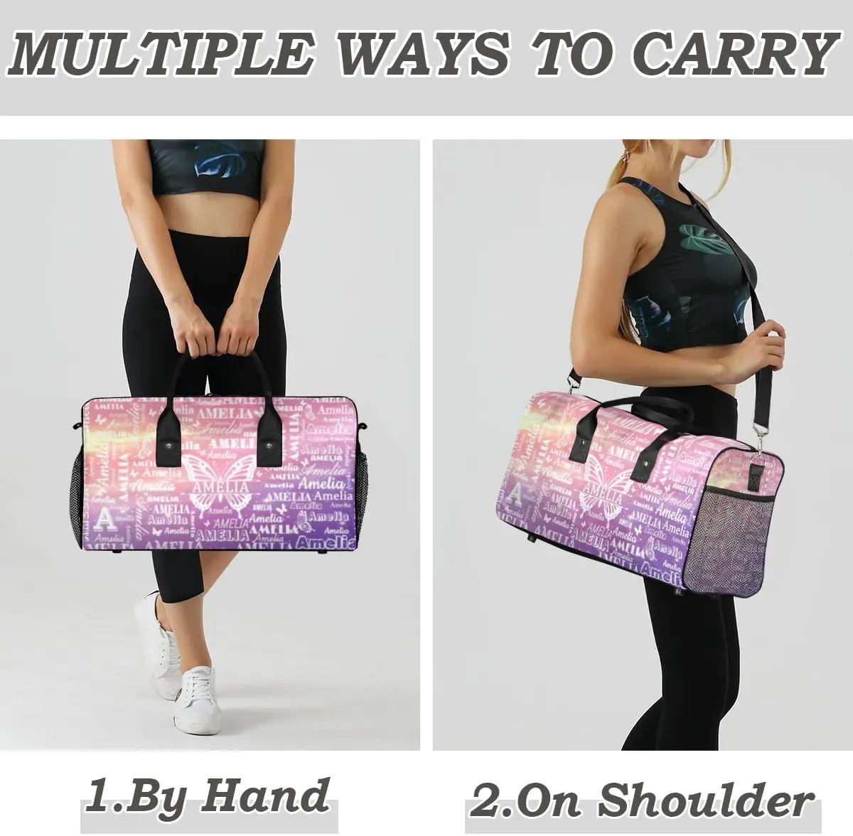 Custom Name Sport Duffel Bag with Initial, Personalized Gym Bag for Women, Custom Travel Tote Bags for Dance Cheer, Overnight Weekender Bags, Cosmos Rainbows Butterfly Bag