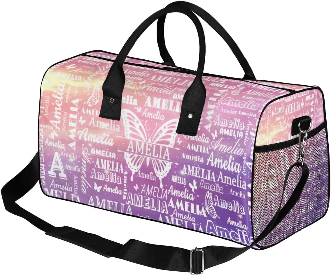 Custom Name Sport Duffel Bag with Initial, Personalized Gym Bag for Women, Custom Travel Tote Bags for Dance Cheer, Overnight Weekender Bags, Cosmos Rainbows Butterfly Bag