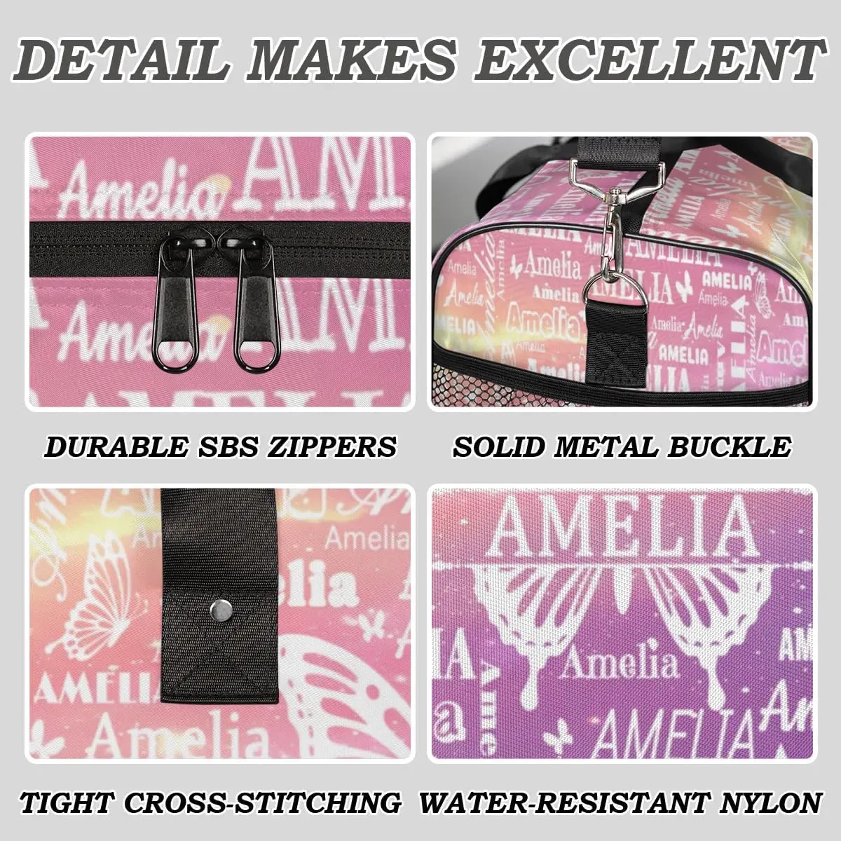 Custom Name Sport Duffel Bag with Initial, Personalized Gym Bag for Women, Custom Travel Tote Bags for Dance Cheer, Overnight Weekender Bags, Cosmos Rainbows Butterfly Bag