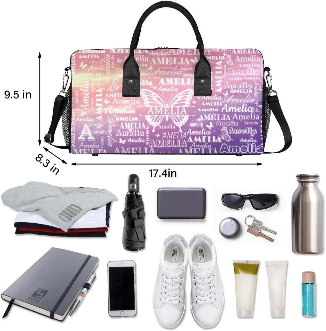 Custom Name Sport Duffel Bag with Initial, Personalized Gym Bag for Women, Custom Travel Tote Bags for Dance Cheer, Overnight Weekender Bags, Cosmos Rainbows Butterfly Bag