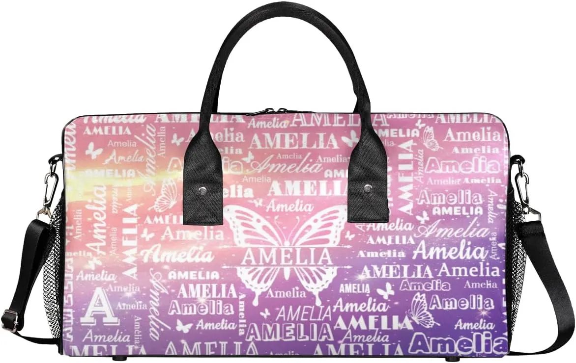 Custom Name Sport Duffel Bag with Initial, Personalized Gym Bag for Women, Custom Travel Tote Bags for Dance Cheer, Overnight Weekender Bags, Cosmos Rainbows Butterfly Bag