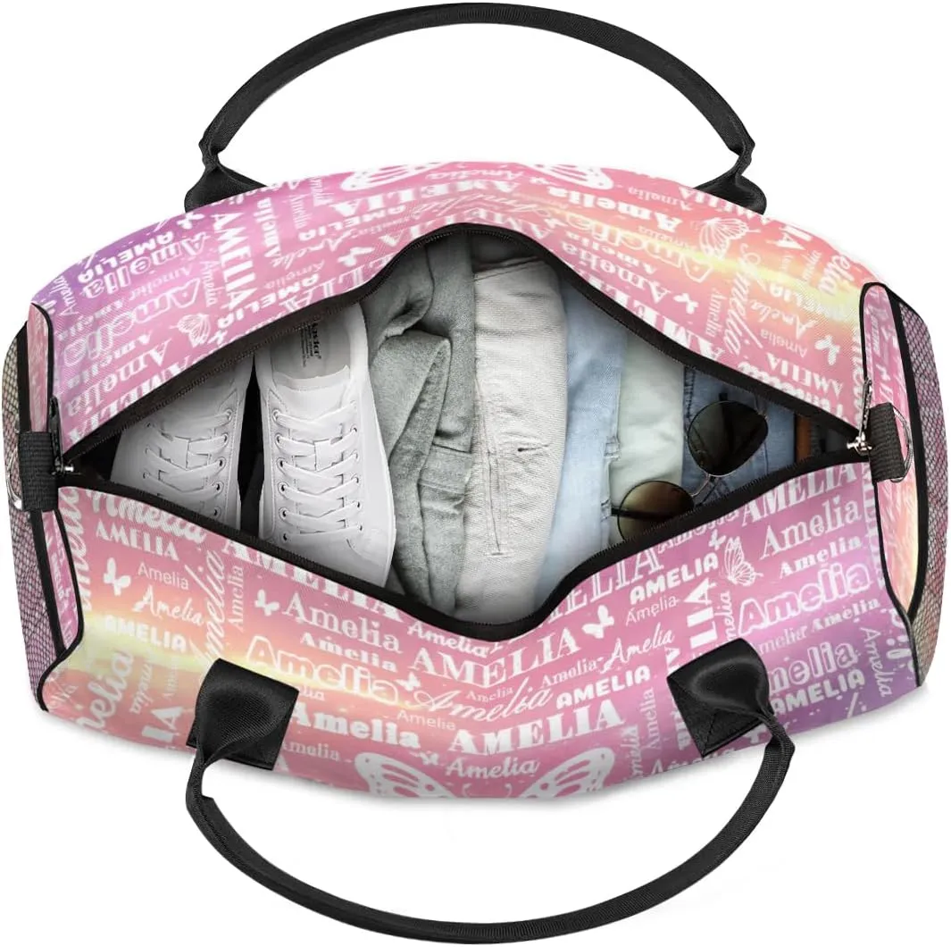 Custom Name Sport Duffel Bag with Initial, Personalized Gym Bag for Women, Custom Travel Tote Bags for Dance Cheer, Overnight Weekender Bags, Cosmos Rainbows Butterfly Bag